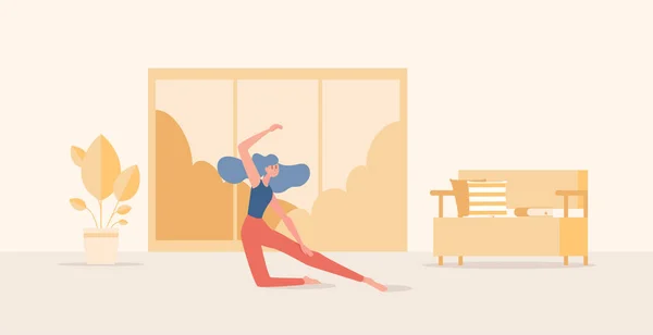 Mujer estirando y haciendo ejercicios deportivos en casa vector ilustración de dibujos animados planos . — Archivo Imágenes Vectoriales