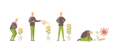 İş adamı ya da yatırımcı tüm varlık vektörü düz çizimini kaybetti. Coronavirus finansal kriz konsepti.