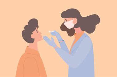 Doktor ya da hemşire üniformalı ve koruyucu maskeli bir hasta Coronavirus örnek vektör düz çizim için örnek alır..
