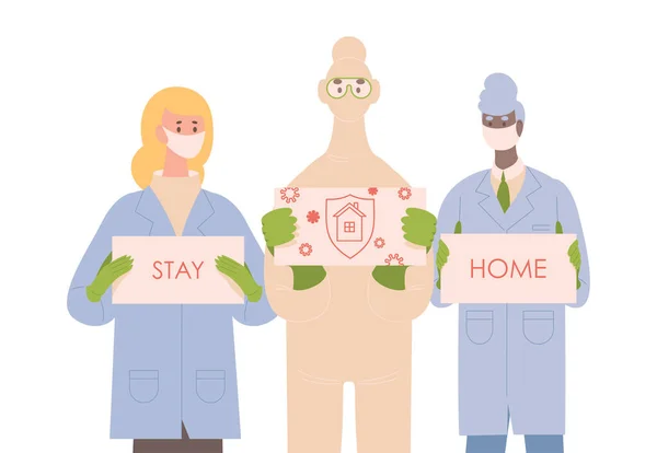 Medici in uniforme, tute protettive e maschere mediche tenere cartelli con le parole rimanere a casa vettoriale illustrazione piatta . — Vettoriale Stock
