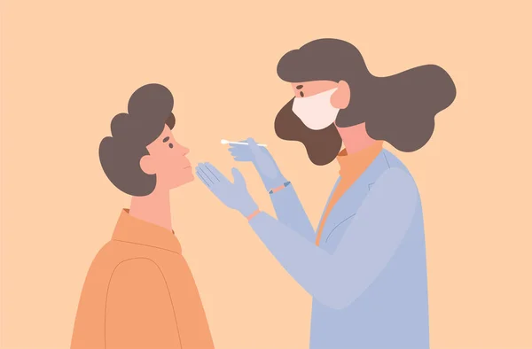 Médico o enfermero en uniforme y máscara protectora tomar hisopo de un paciente para coronavirus muestra vector ilustración plana . — Vector de stock