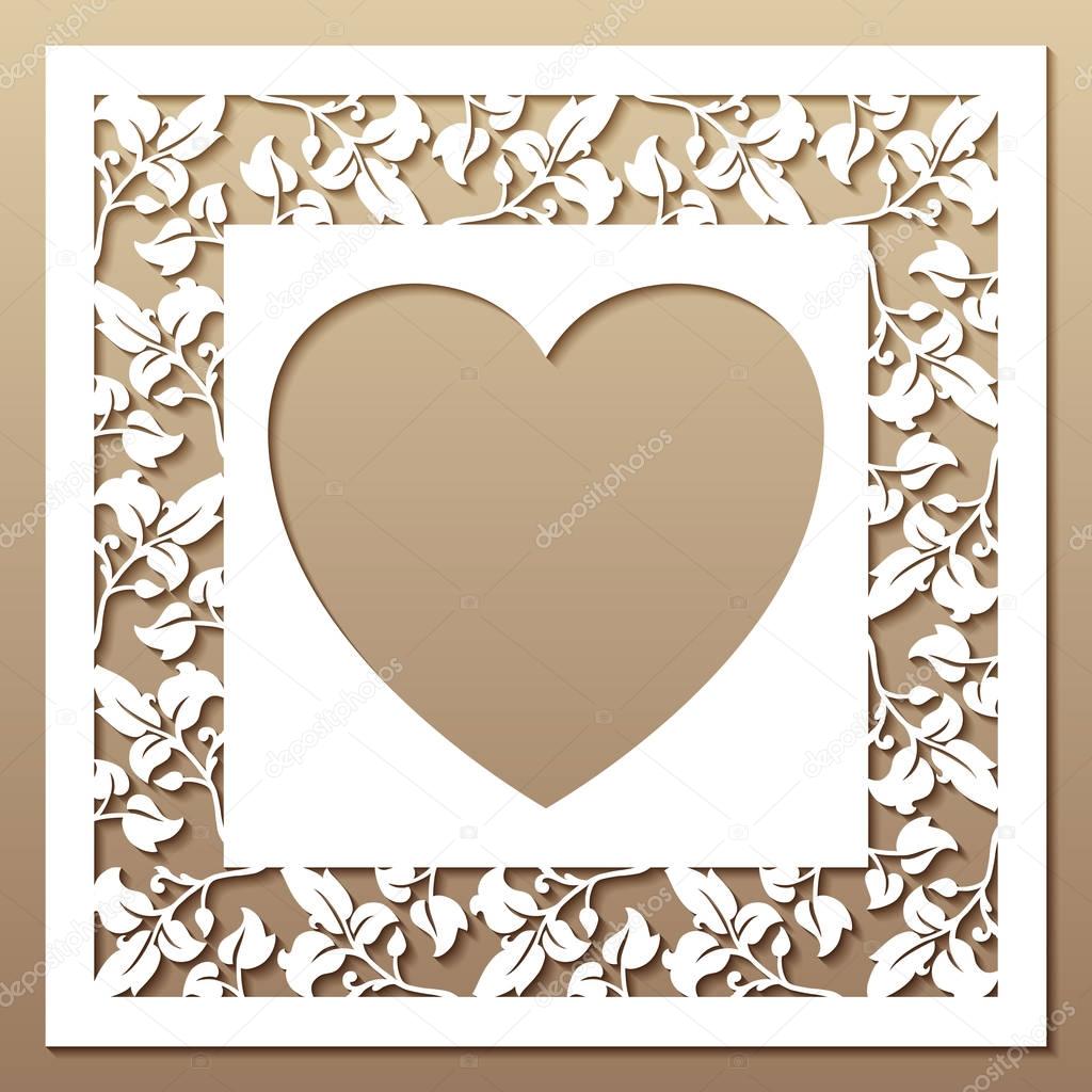 Openwork square frame with leaves and heart.