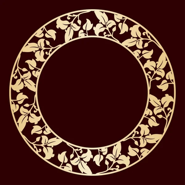 Opengewerkte gouden circulaire frame met bladeren. — Stockvector