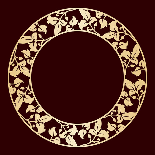 Openwork golden circular frame with leaves.