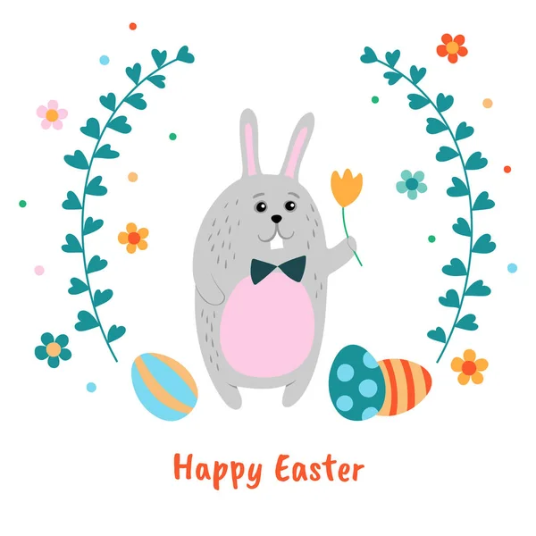 Забавный пасхальный кролик и окрашенные яйца . — стоковый вектор
