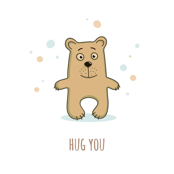 Lindo oso de peluche marrón en un estilo de dibujos animados y texto abrazarte. Ilustración vectorial . — Archivo Imágenes Vectoriales