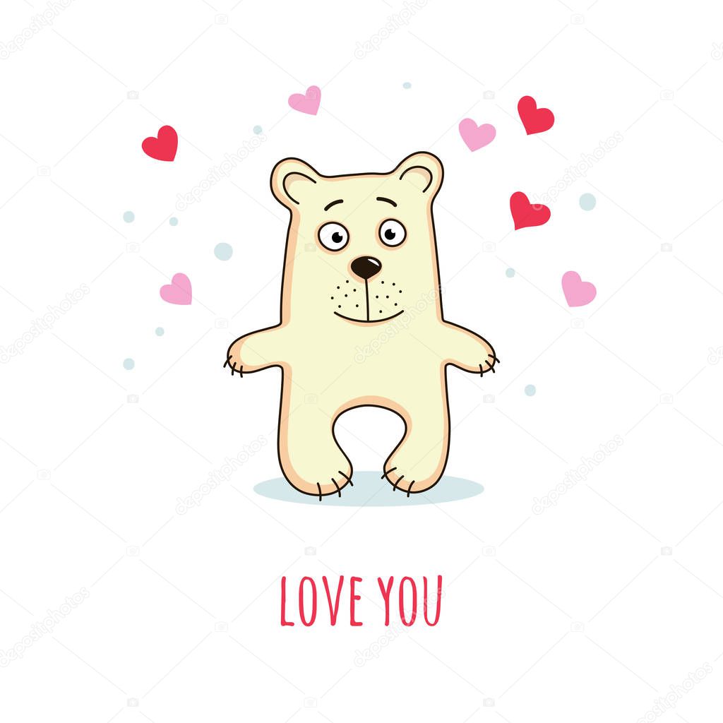 Cute bear in a cartoon style and text love you. Vector illustration.