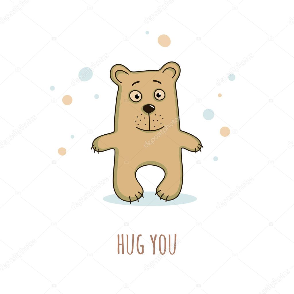 Cute brown teddy bear in a cartoon style and text hug you. Vector illustration.