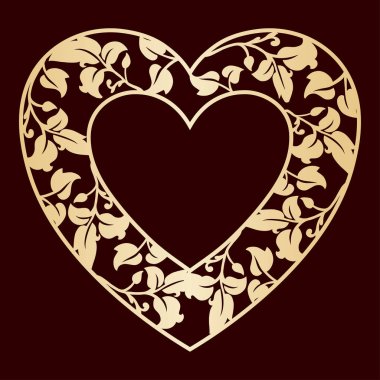 Openwork heart with leaves. Golden vector frame. Laser cutting template.
