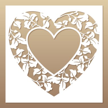 Openwork white frame with heart and leaves. Laser cutting template.