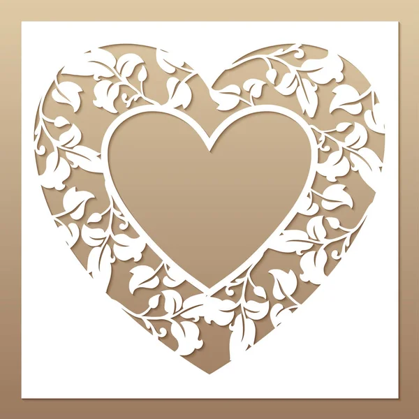 Openwork white frame with heart and leaves. Laser cutting template. — Stock Vector