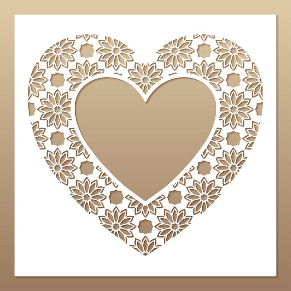 White frame with openwork heart. Laser cutting template for greeting cards.