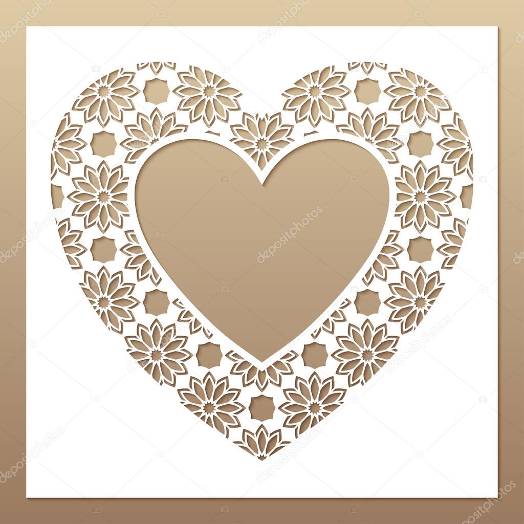 White frame with openwork heart. Laser cutting template for greeting cards.