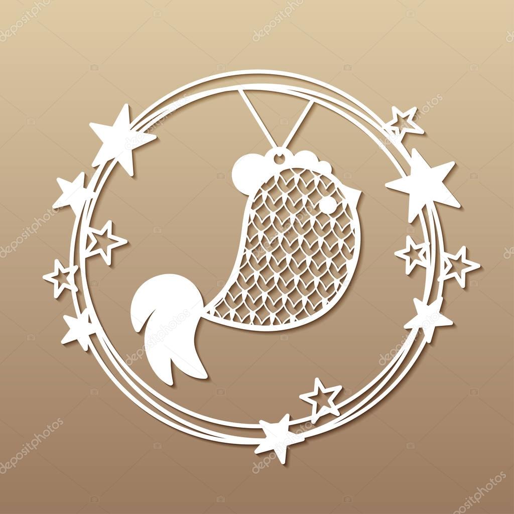 Christmas wreath with openwork rooster and stars. 