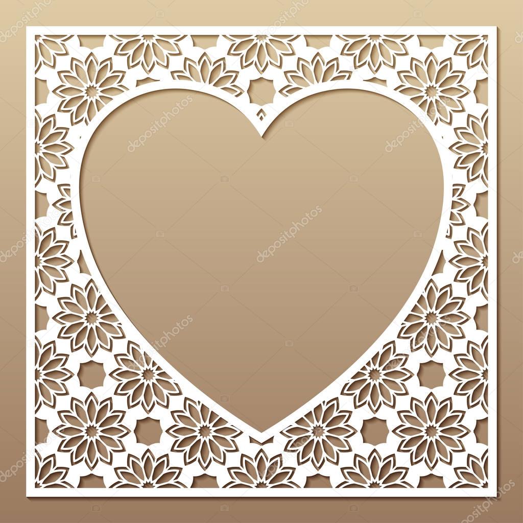 Openwork square frame with heart. Laser cutting template.