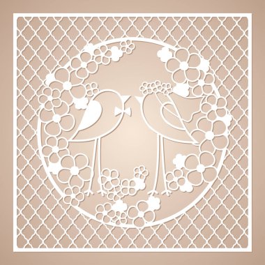 Wedding two birds among the flowers. Openwork square ornament. Laser cutting template.