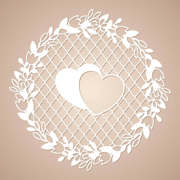 Corona calada de flores con dos corazones. Plantilla de corte láser . — Vector de stock