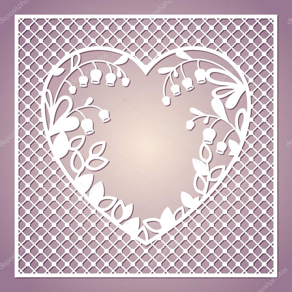 Openwork square card with heart and lilies of the valley.