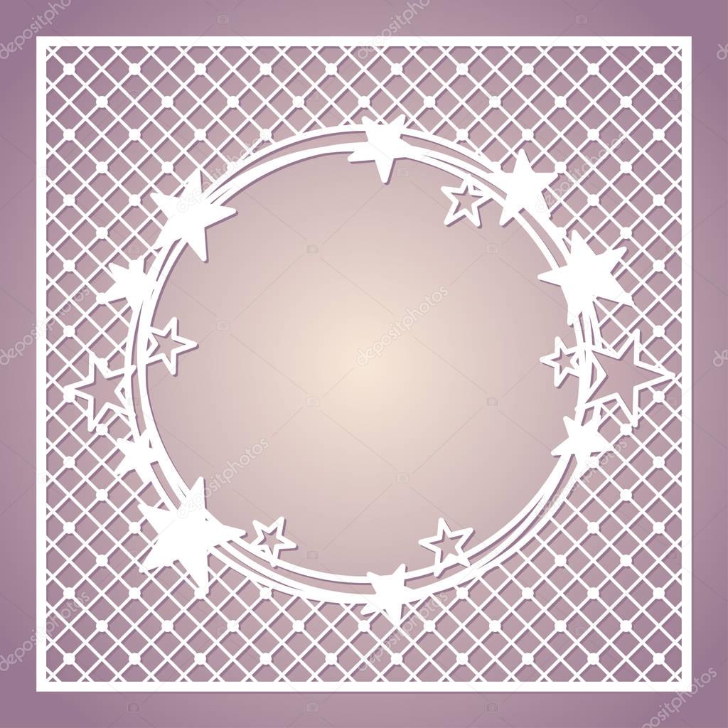 Openwork square frame with wreath of stars. Laser cutting template.