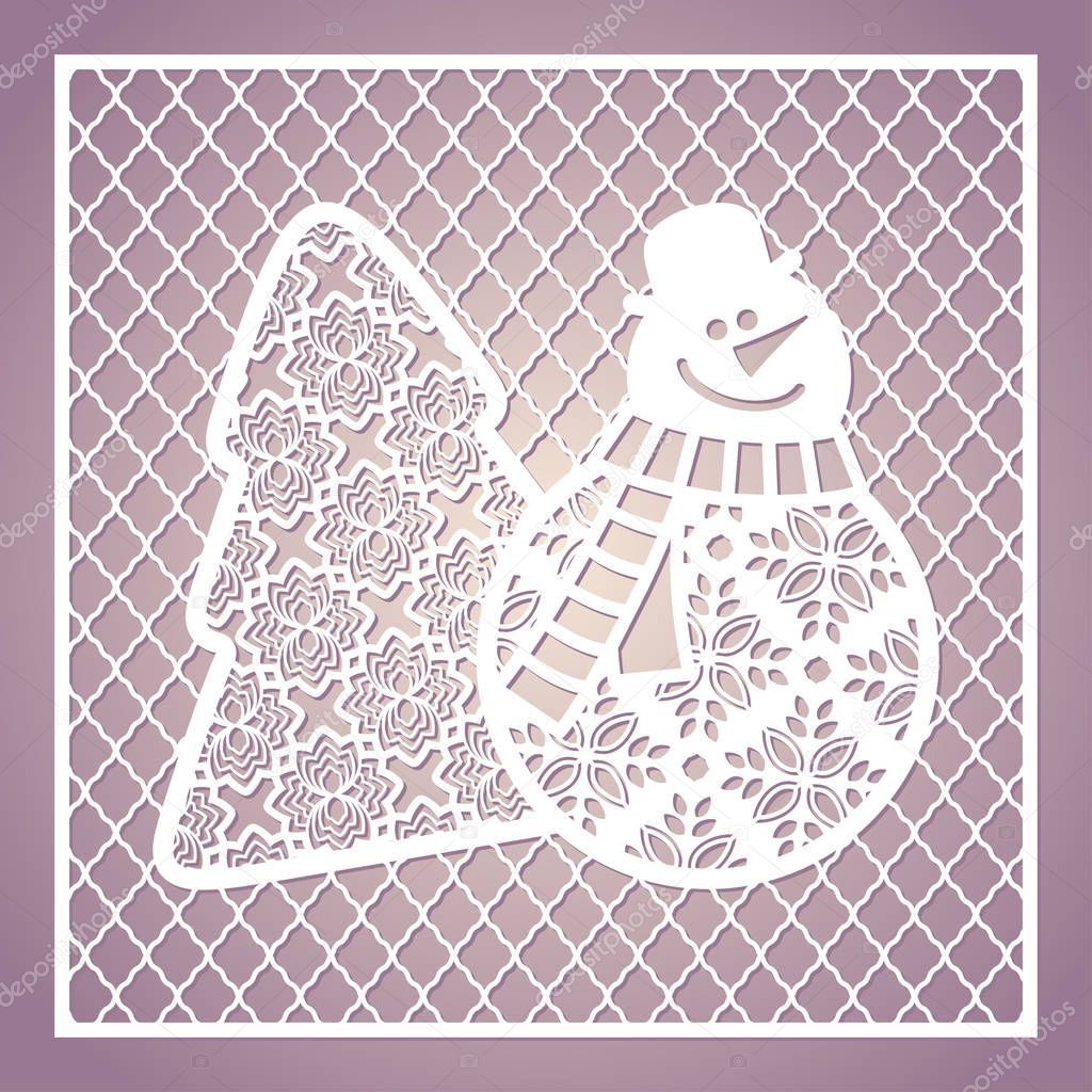Openwork square card with cute snowman and Christmas tree.