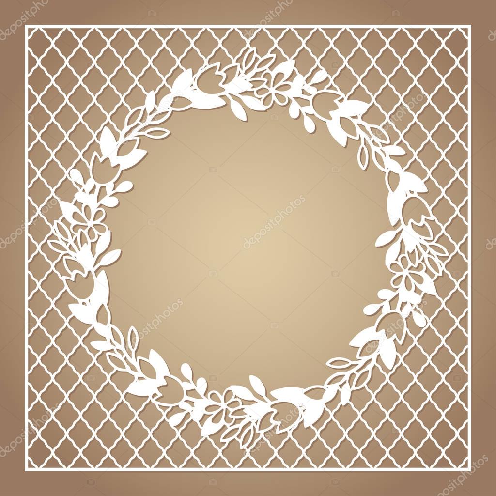 Openwork square frame with wreath of flowers. Laser cutting template.