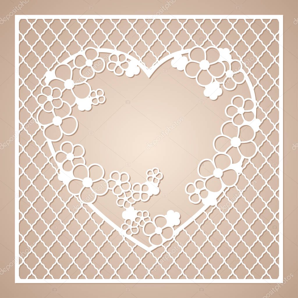 Openwork square frame with wreath of flowers in the shape of a heart.
