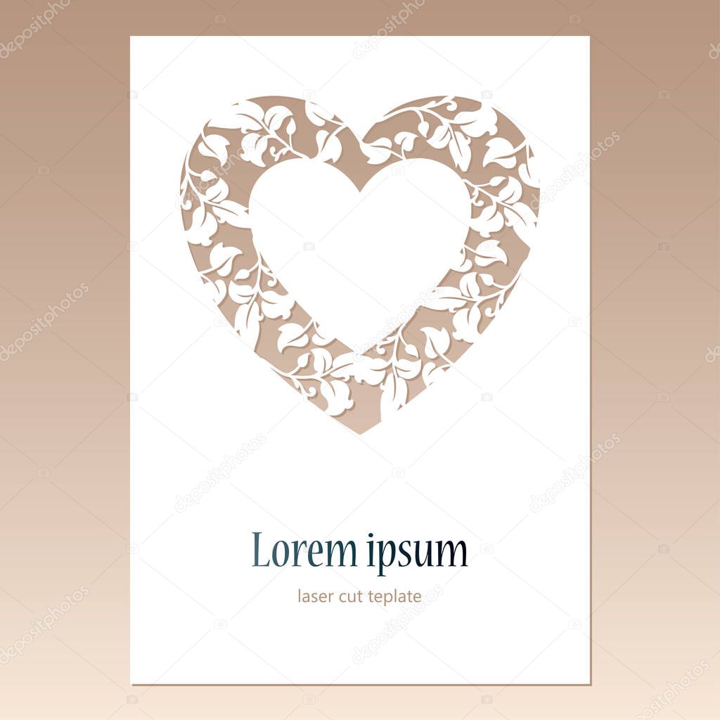 Card with openwork heart with leaves pattern and space for text.