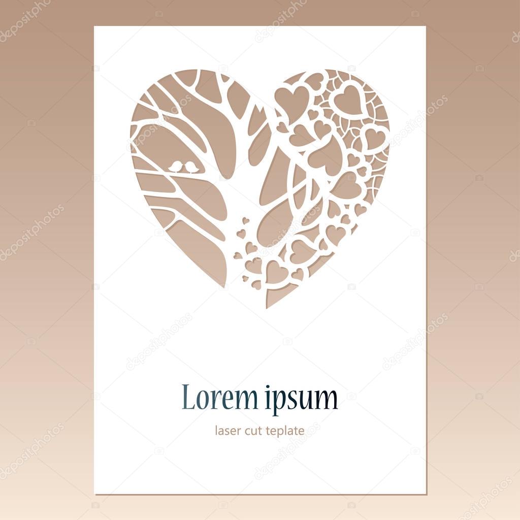 Card with openwork heart with tree and two birds and space for text.