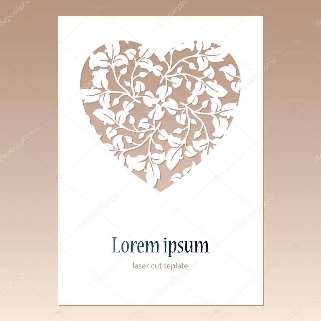 Card with openwork heart with leaves pattern and space for text.