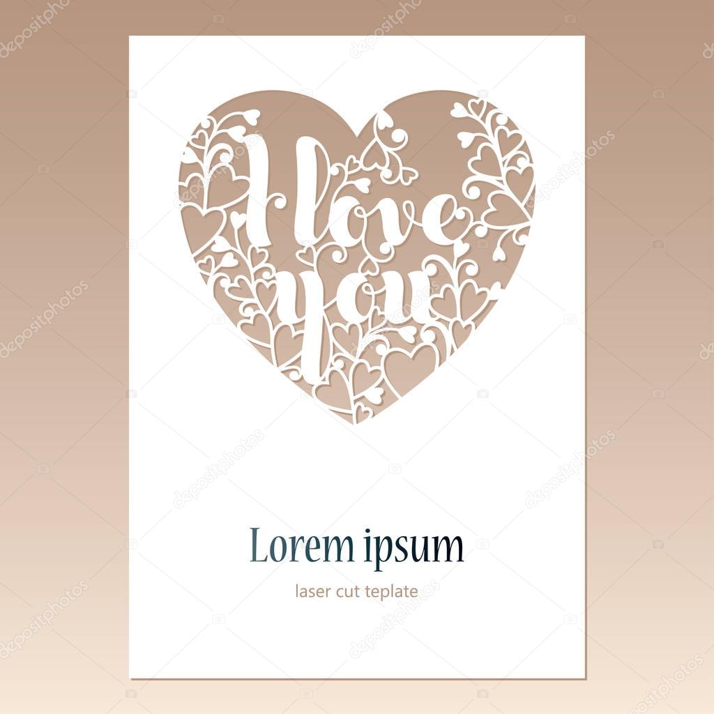 Card with openwork heart with inscription I love you.