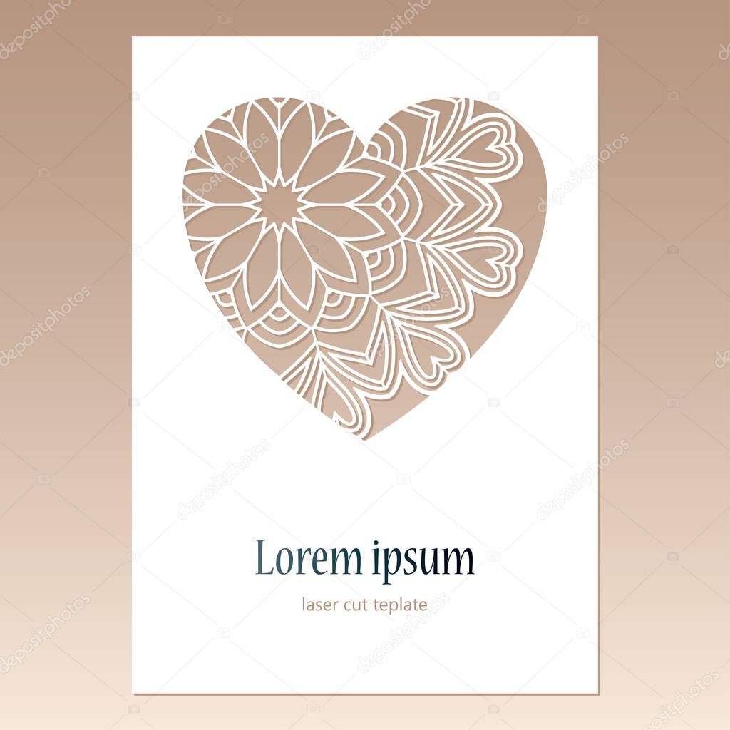 Card with openwork heart with mandala pattern and space for text. Laser cutting template for greeting cards.