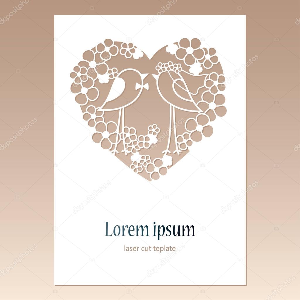 Card with openwork heart with two birds and space for text.