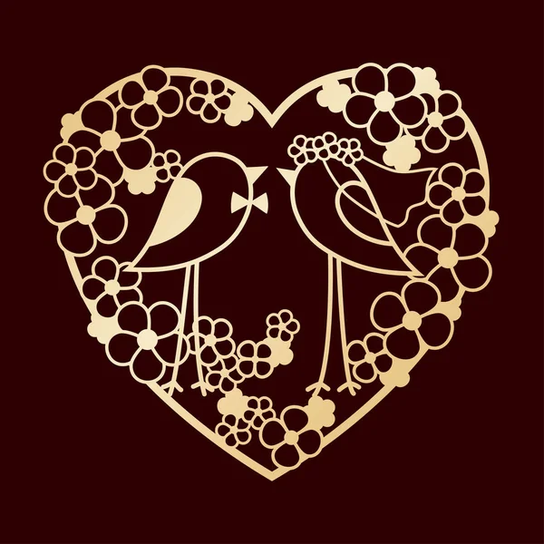 Wedding of two birds among the flowers. Openwork heart wreath of flowers. Laser cutting or foiling template. — Stock Vector