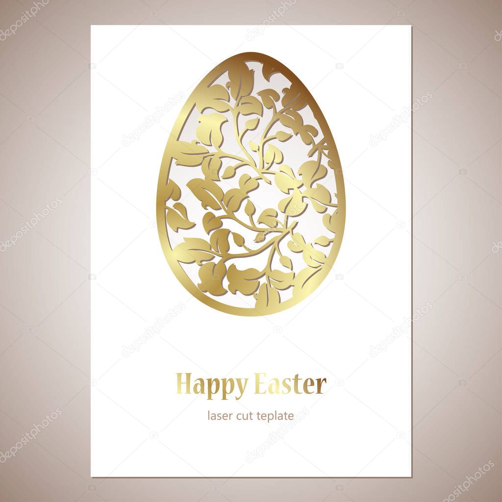Card with golden openwork Easter egg with leaves and space for text. Laser cutting template.