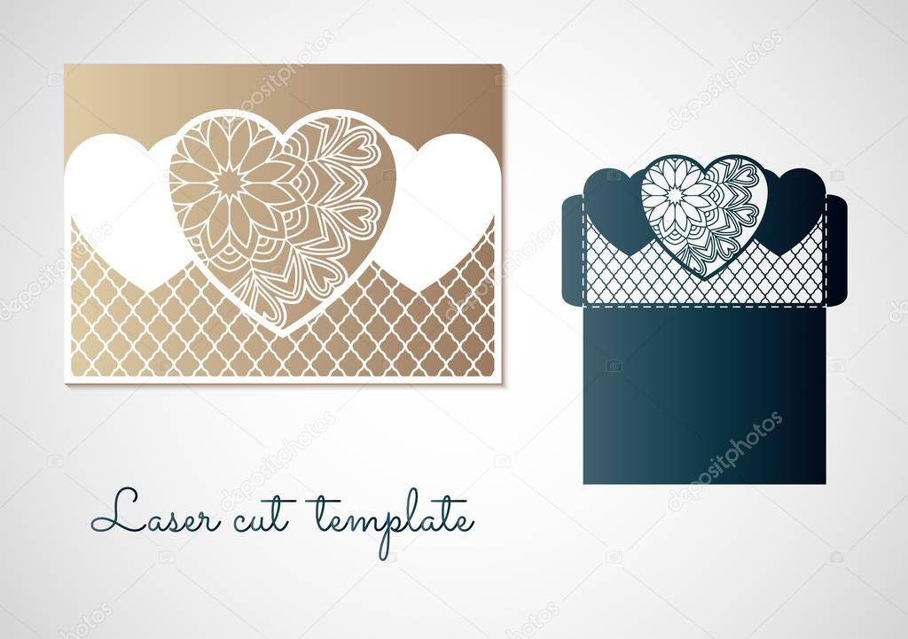 Openwork hearts with mandala pattern. Vector Laser cutting template.