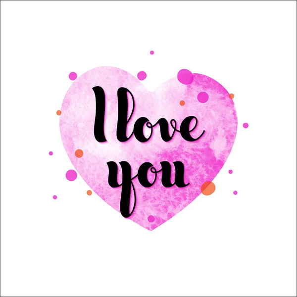 Watercolor pink heart with inscription I Love you in hand-writing style. — Stock Vector