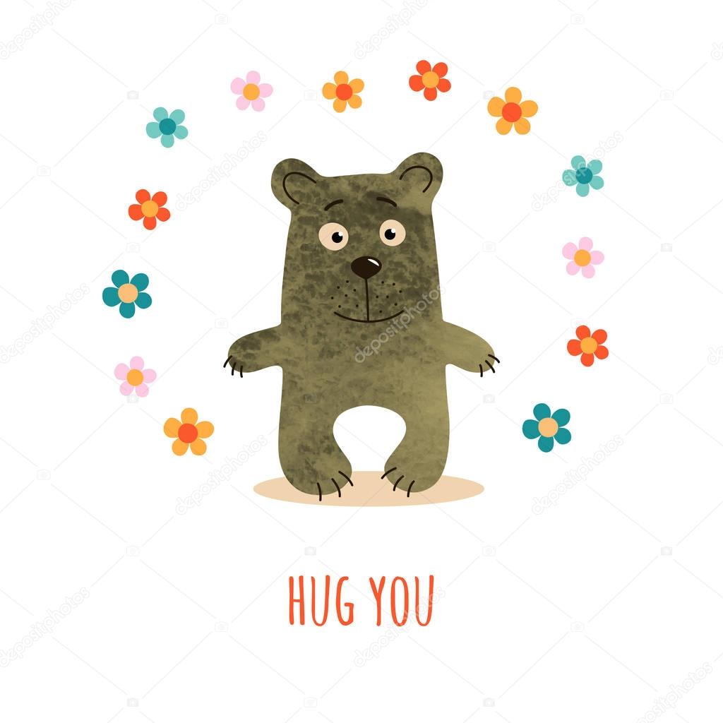Cute brown teddy bear in a cartoon style and text Hug you. 