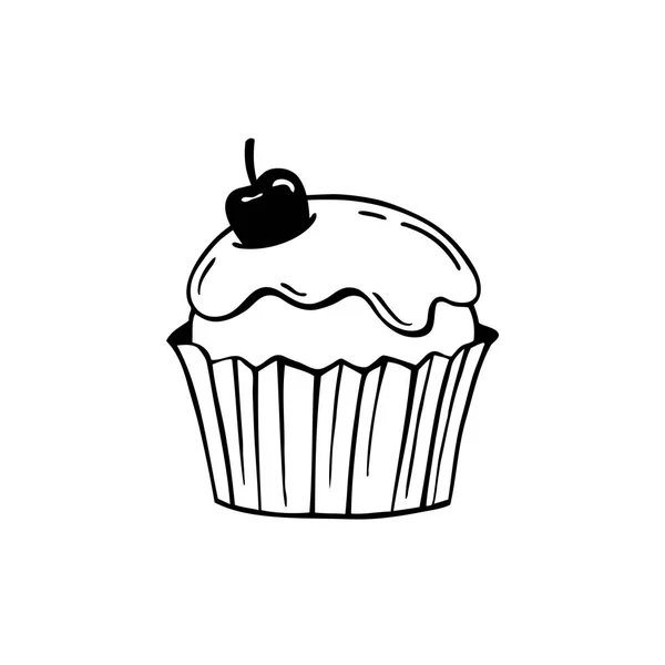 Cupcake with frosting and cherry. Black and white vector illustration. — Stock Vector
