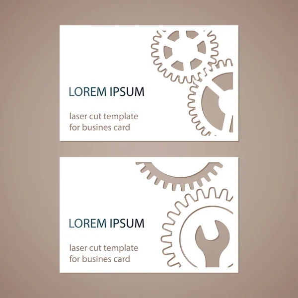 Two modern business cards with holes in the form of gears and wrench. — Stock Vector