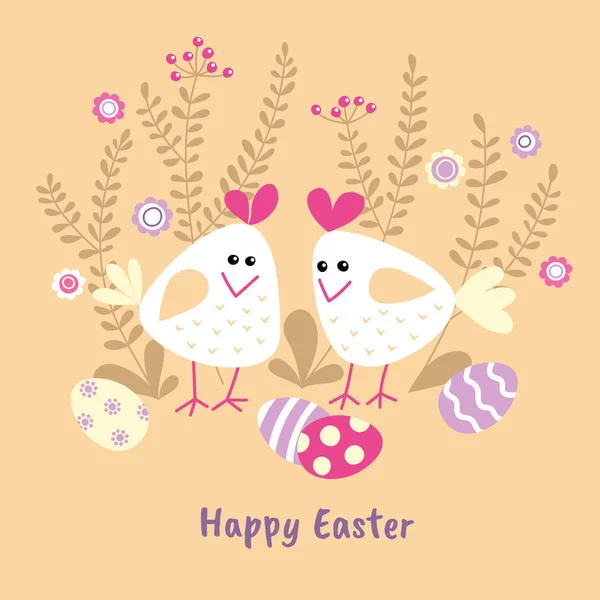 Две милые белые курицы с покрашенными яйцами и веточками . — стоковый вектор