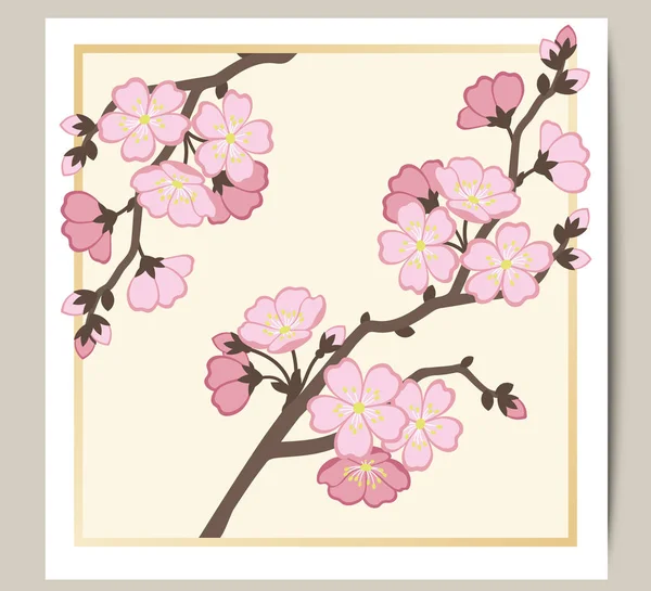 Wenskaart met een aftakking van roze sakura bloesems. — Stockvector
