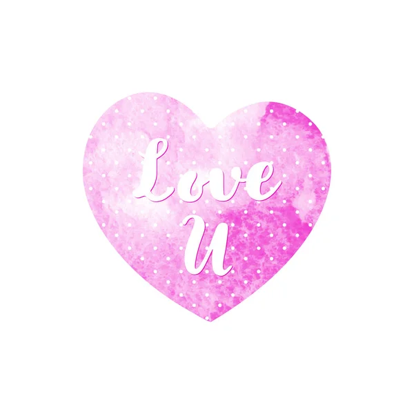 Aquarelle mouchetée coeur rose avec inscription vous aime . — Image vectorielle
