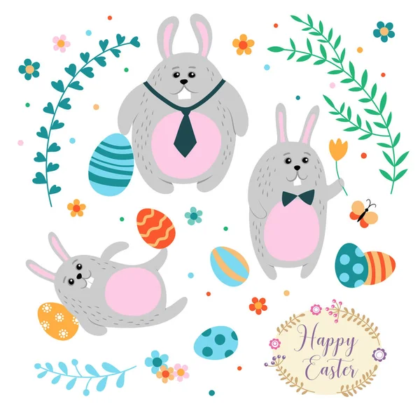 Набор из трех милых пасхальных кроликов и окрашенных яиц в мультяшном стиле . — стоковый вектор