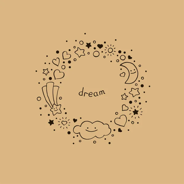 Fond abstrait mignon dans un style dessiné à la main. Cadre rond avec nuage, étoiles, coeurs, comète et croissant de lune . — Image vectorielle