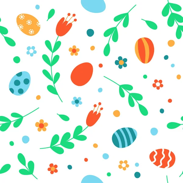 Seamless mönster med påsk ägg, blommor och kvistar. — Stock vektor