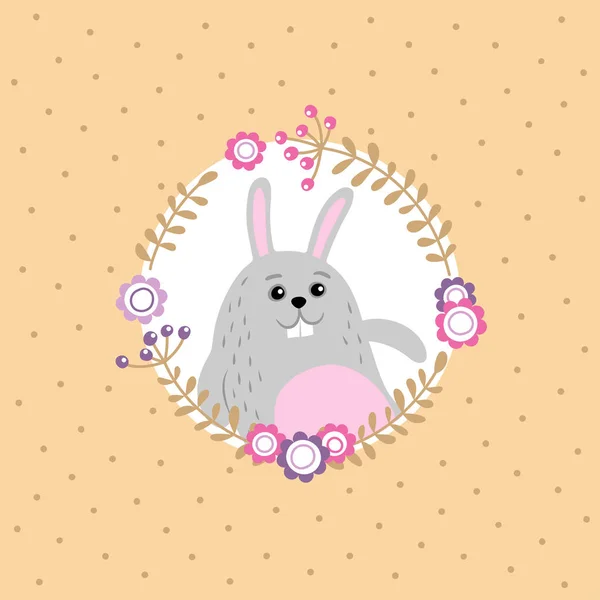 Fond de vacances avec lapin de Pâques et couronne florale . — Image vectorielle