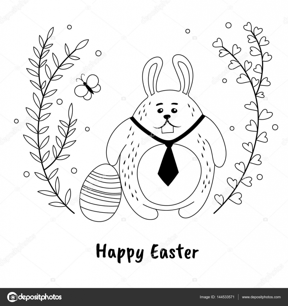 Divertente Easter bunny e uovo dipinto in stile disegnato a mano Illustrazione di vettore in bianco e nero Modello di disegno di scheda di Pasqua
