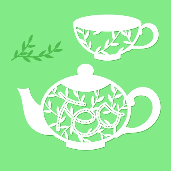 Tetera y taza calada con un patrón floral y la palabra té . — Archivo Imágenes Vectoriales