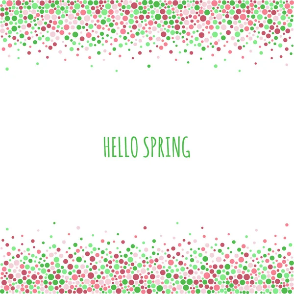 점선된 패턴 비문 안녕하세요 봄입니다. 흰색 바탕에 다양 한 크기의 녹색과 분홍색 점. — 스톡 벡터