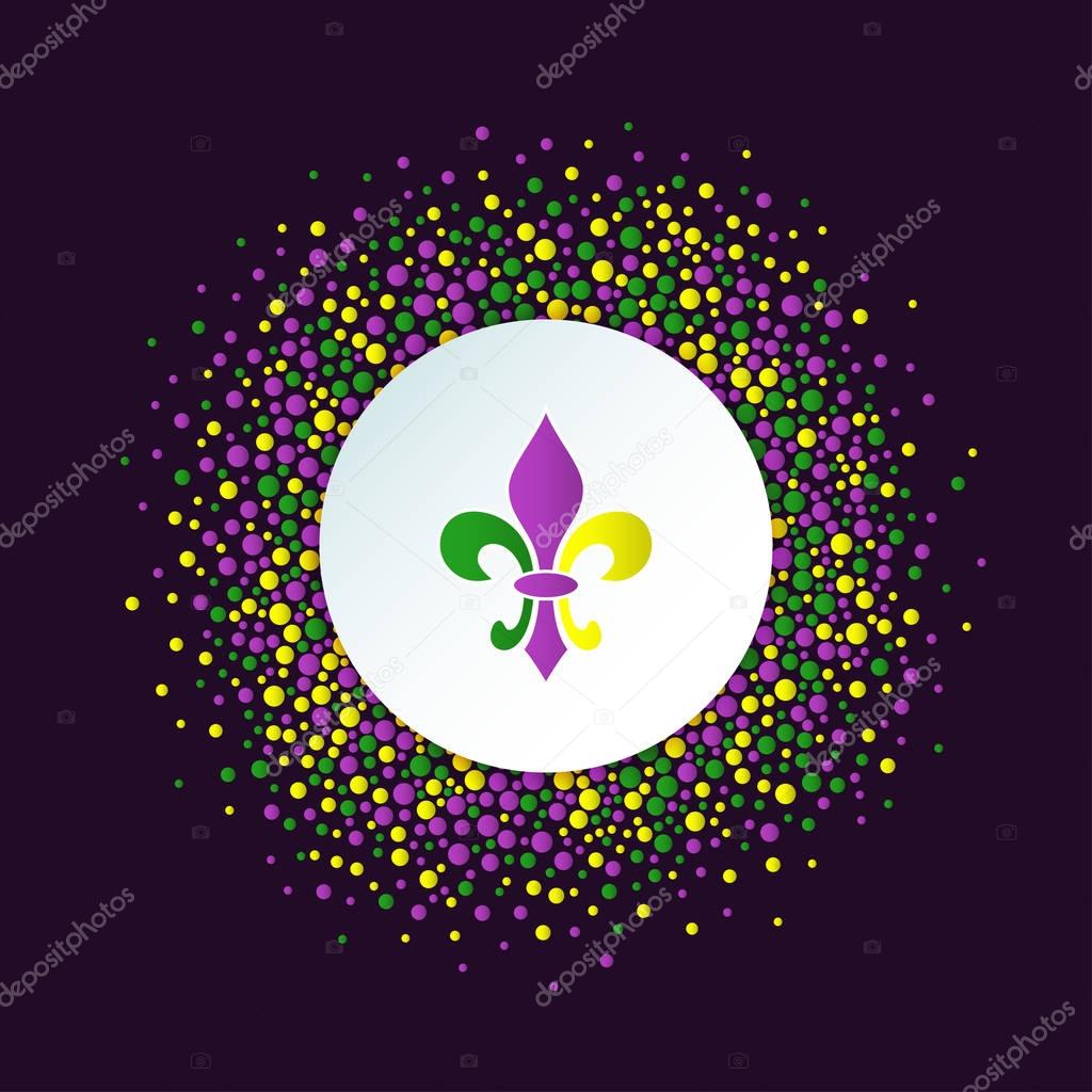 Mardi Gras holiday background. Round dotted frame with colorful fleur de lis.